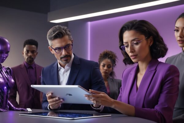 Femme et homme consultant une tablette dans un environnement moderne.