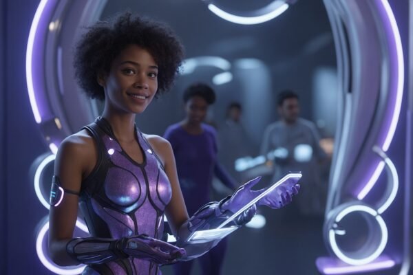 Femme en combinaison high-tech tenant un dispositif technologique avancé.