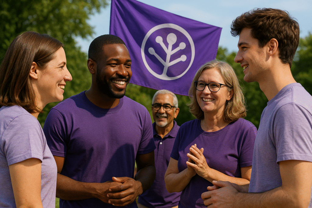 Groupe de bénévoles collaborant dans une ambiance festive, illustrant l’engagement social.