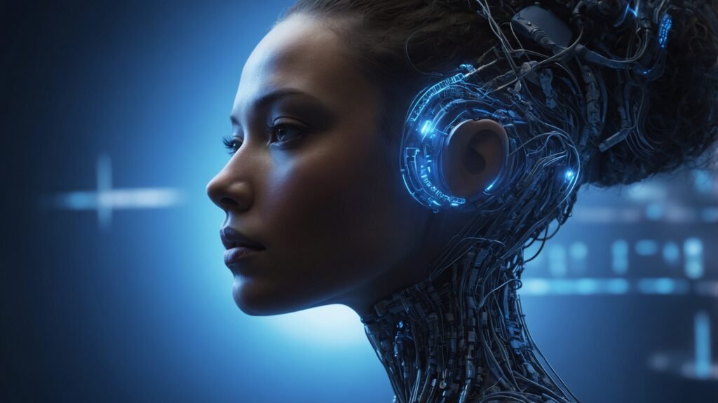 Visage féminin avec une interface futuriste, illustrant l’IA appliquée à la communication.