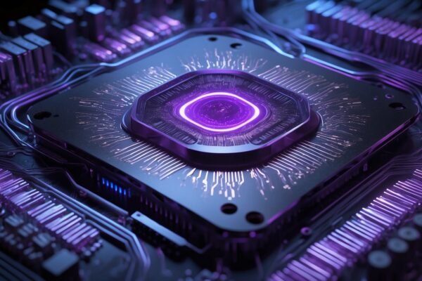 Microprocesseur illuminé en violet sur une carte mère, représentant la puissance de l’IA.