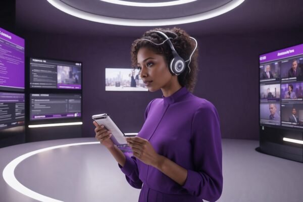 Femme en violet avec un casque audio, utilisant un smartphone dans un espace digital.