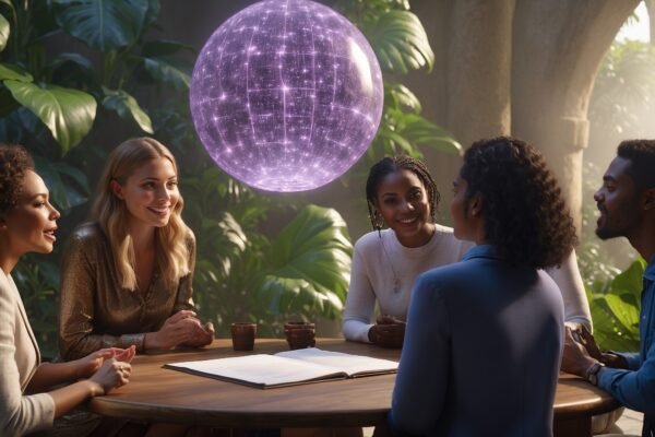 Équipe en discussion autour d’une table avec un hologramme sphérique.