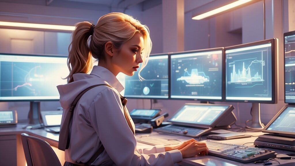 Femme analysant des données sur plusieurs écrans, illustrant l’optimisation de la communication avec l’IA.