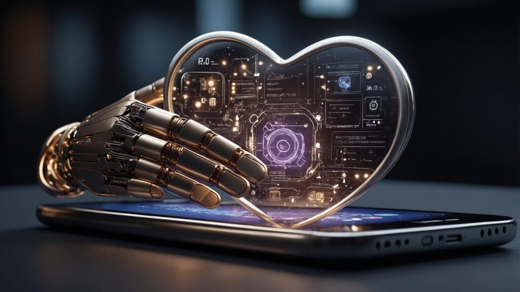 Main robotique tenant un cœur digital représentant l’intelligence artificielle et la technologie.