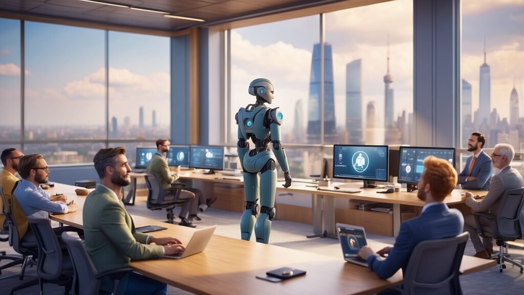 Robot humanoïde dans un bureau moderne, illustrant l’automatisation de la communication avec l’IA