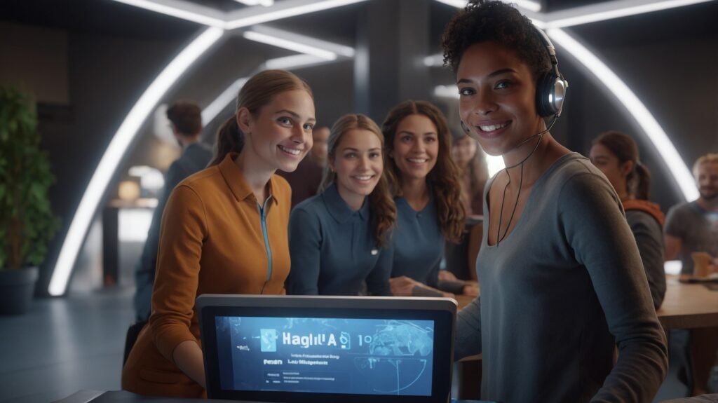 Groupe de jeunes femmes souriantes dans un espace moderne aux lumières futuristes, avec un ordinateur affichant une interface d’intelligence artificielle. L’une d’elles porte un casque audio avec micro et regarde la caméra.
