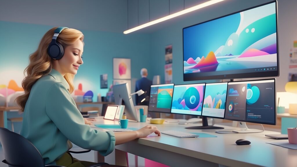 Femme utilisant une interface interactive en 3D, symbolisant l’innovation dans la communication numérique.