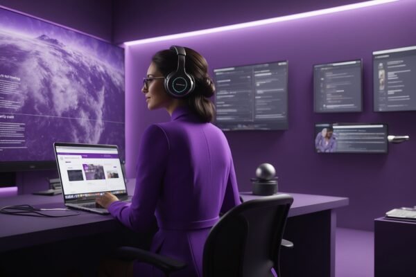 Femme avec un casque travaillant sur un ordinateur dans un bureau futuriste.