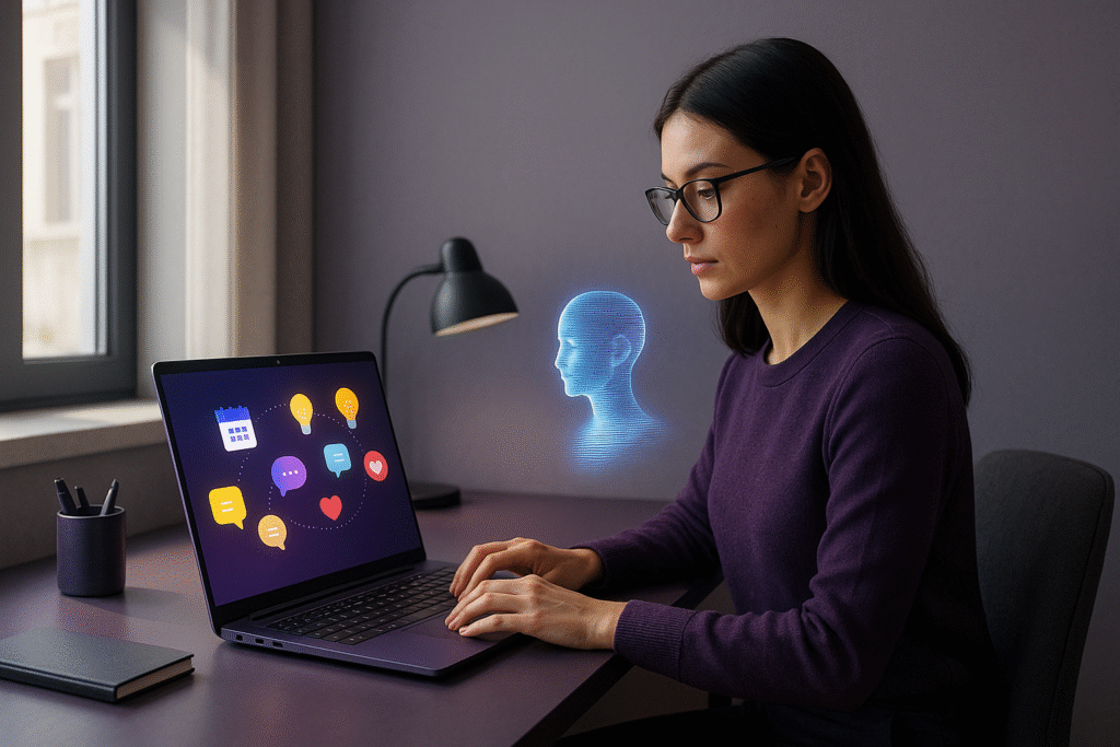 Femme concentrée utilisant une IA pour organiser ses idées de publications sociales.