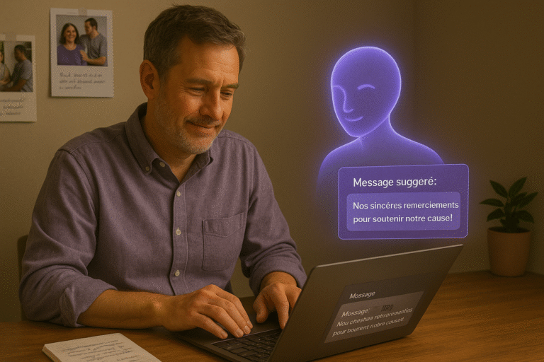 Utilisateur travaillant avec un assistant IA qui suggère un message à l’écran