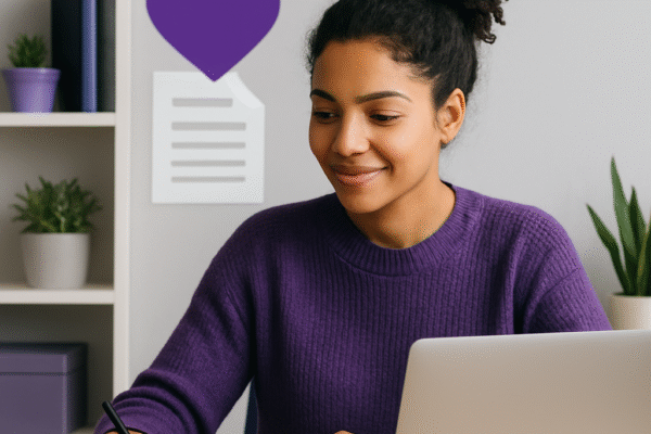 Femme concentrée devant un ordinateur portable, utilisant l’intelligence artificielle pour rédiger un message d’appel à dons dans un cadre associatif.