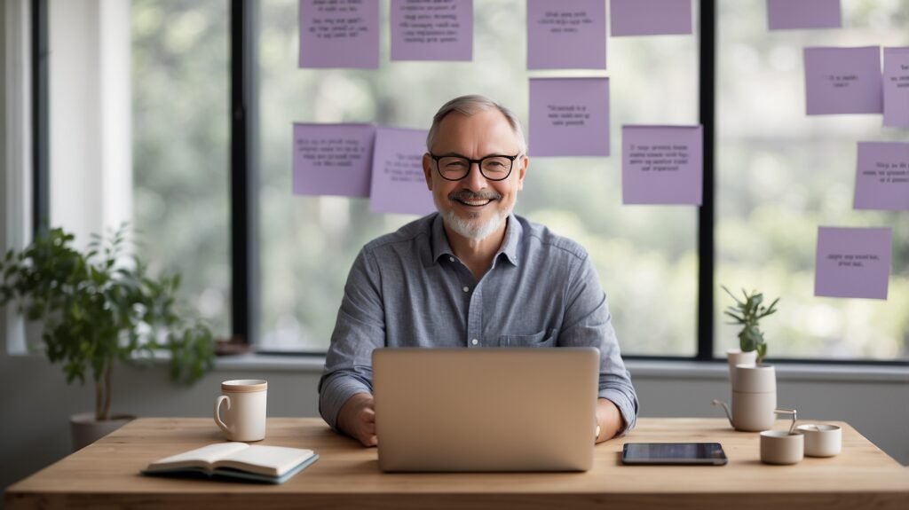 Responsable associatif souriant, travaillant sur son ordinateur dans un cadre chaleureux