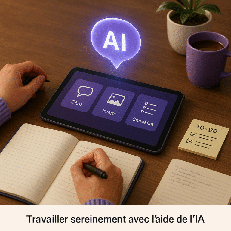 Main interagissant avec une tablette affichant une interface IA simple et visuelle