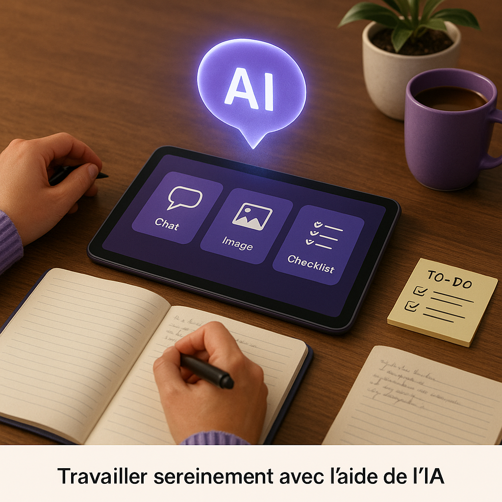 Main interagissant avec une tablette affichant une interface IA simple et visuelle