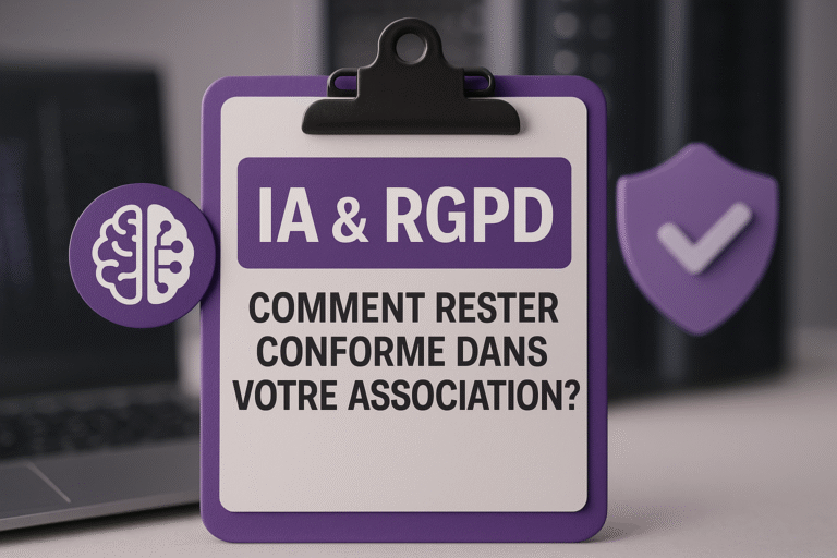 Responsable associatif consultant un panneau numérique « IA & RGPD » affiché sur un écran dans un environnement professionnel épuré, avec une palette violette.