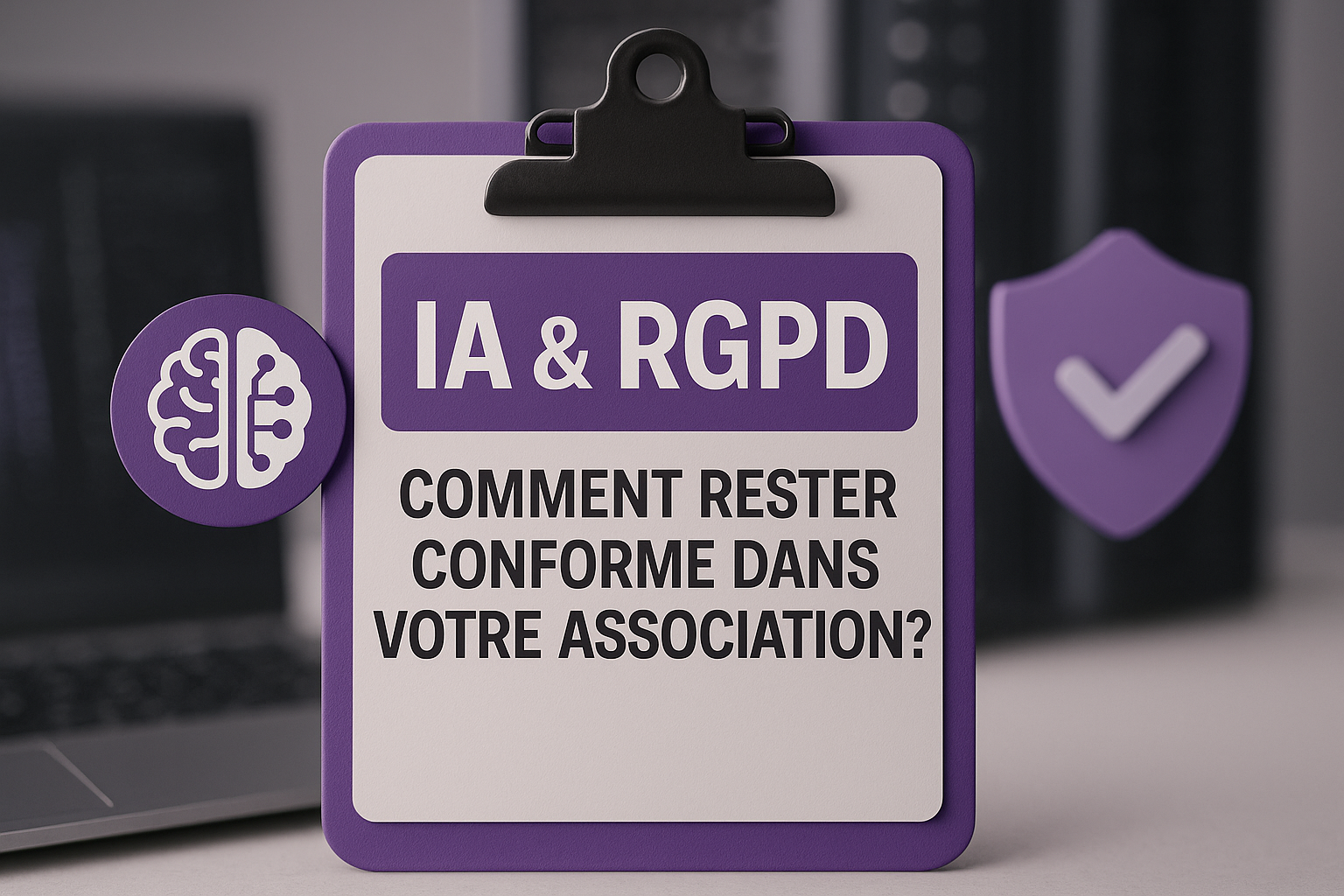 Responsable associatif consultant un panneau numérique « IA & RGPD » affiché sur un écran dans un environnement professionnel épuré, avec une palette violette.