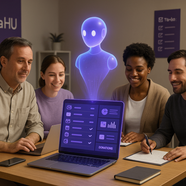 Équipe d’association autour d’un ordinateur assisté par une IA virtuelle bienveillante.