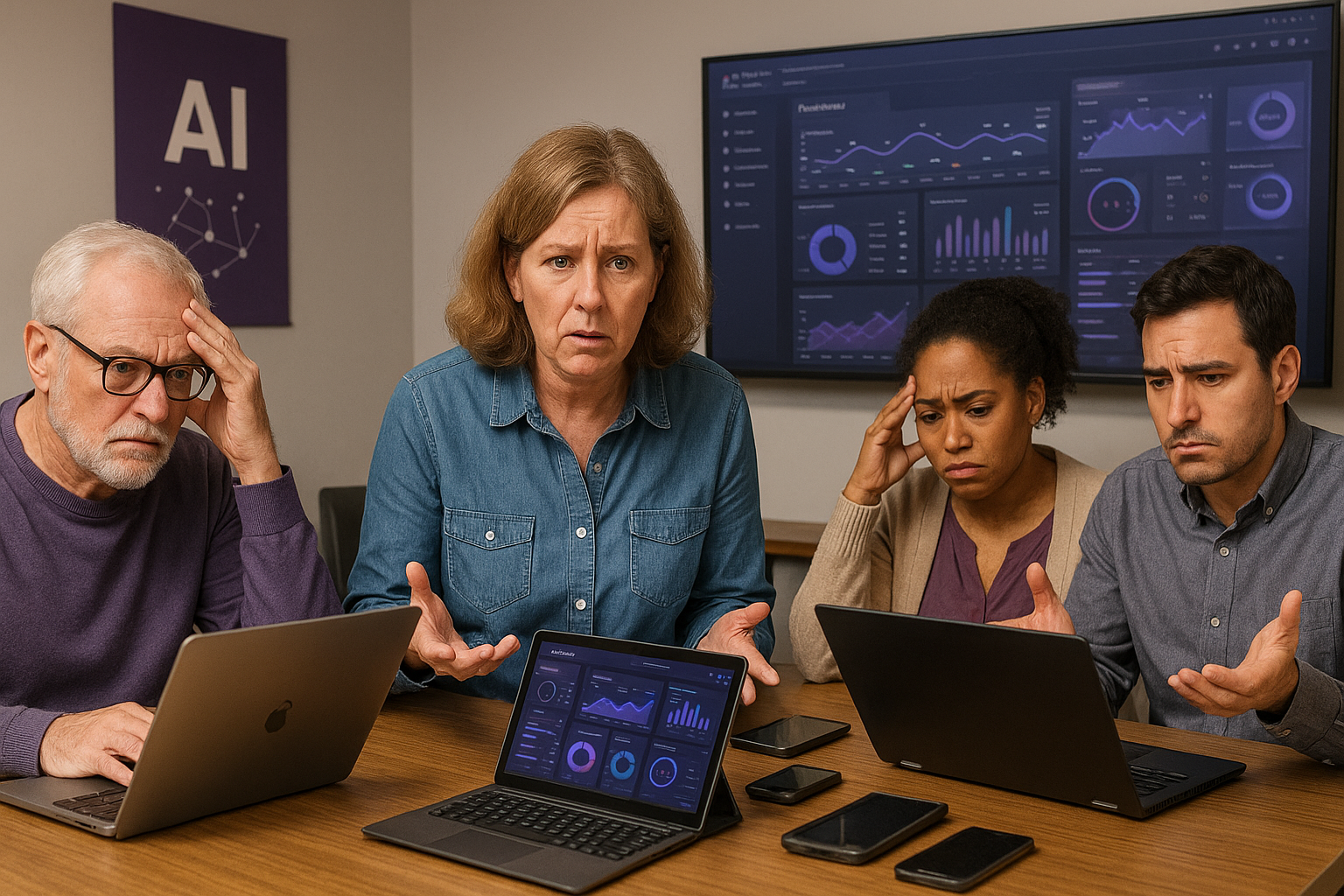 Groupe de travail montrant des signes de confusion face à des outils numériques complexes.