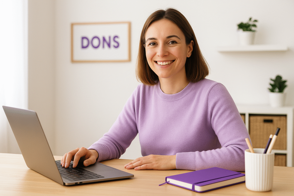 Femme souriante en pull lavande, assise à un bureau avec un ordinateur portable et un carnet violet, dans un environnement associatif lumineux et organisé.