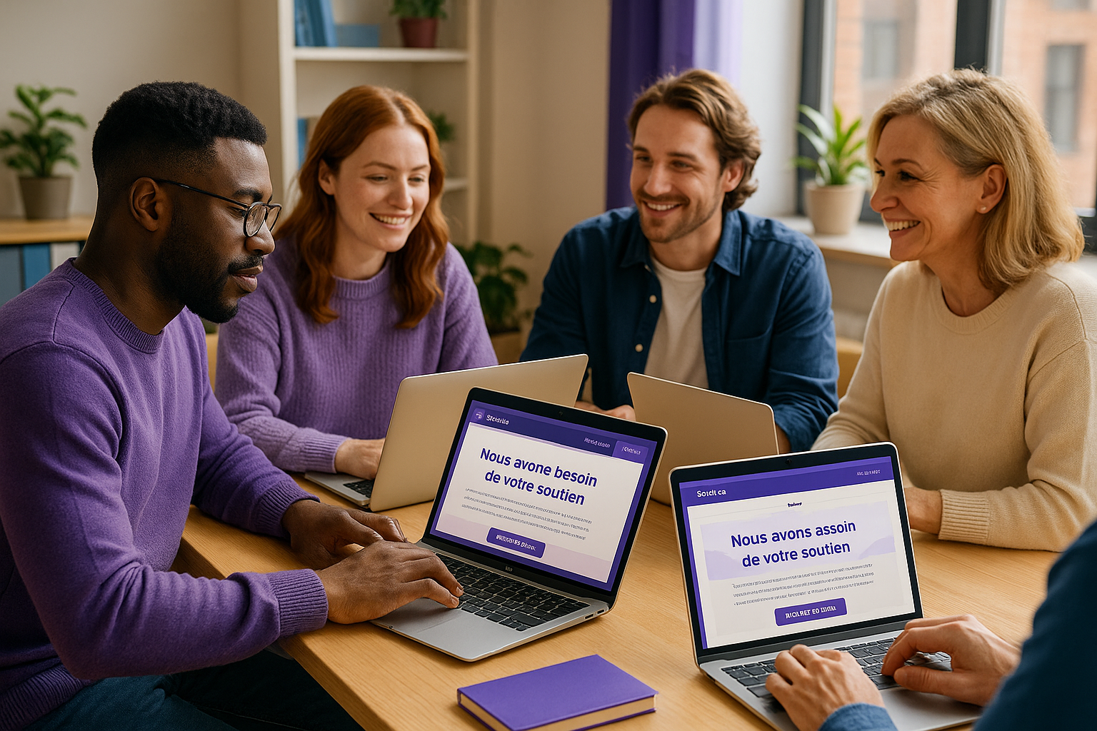 Équipe en réunion créant des e-mails et modèles d’appel aux dons