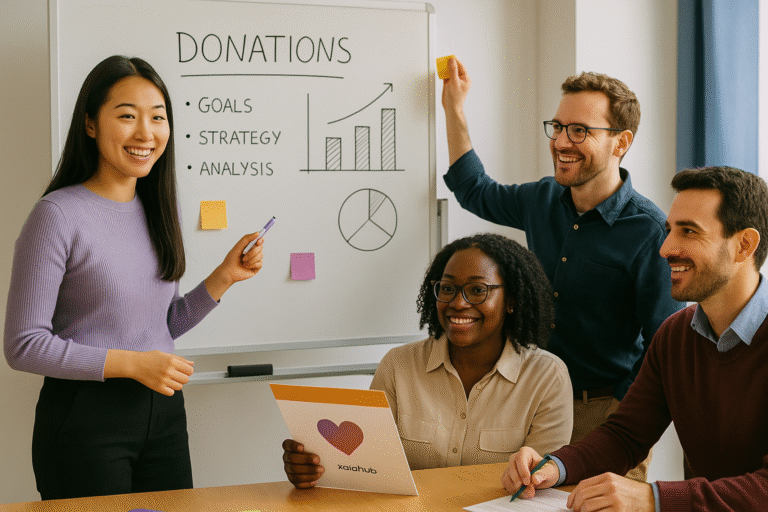 Équipe en brainstorming pour améliorer l’efficacité des appels aux dons